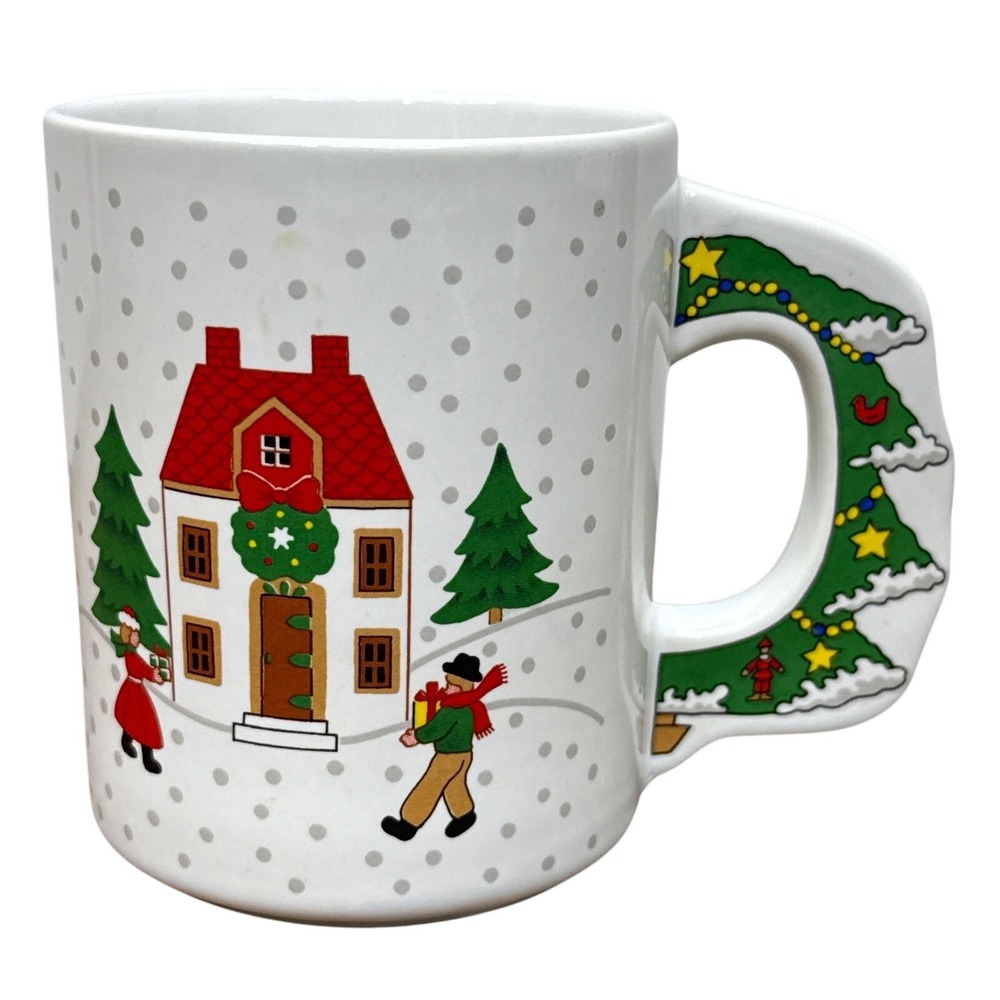 Vintage Christmas Tree Handle Mug Village Scene Holiday Coffee Cup‎